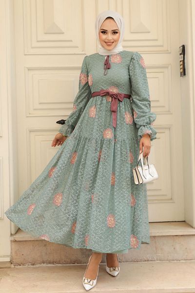 Neva Style Φόρεμα με λουλουδάτο σχέδιο Çağla Green Hijab 1216cy