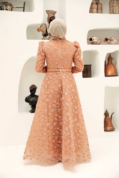 Neva Style فستان سهرة حجاب نحاسي لاسي 2238bkr