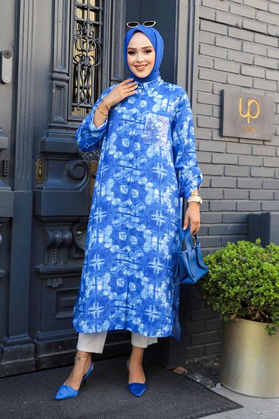 Neva Style تونيك حجاب منقوش باللون الأزرق ساكس - 10539SX