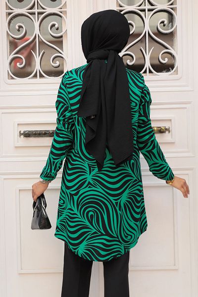 Neva Style تونيك فيسكوز أخضر - حجاب منقوش 11706Y