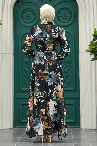 Neva Style Rochie neagră cu hijab cu modele florale 27942s