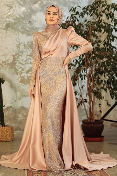 Neva Style Kuyruklu Gold Saten Tesettür Abiye 22924gold