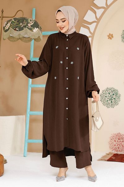 Neva Style Brown Hijab Double Set with Bead Detail 12082Kh