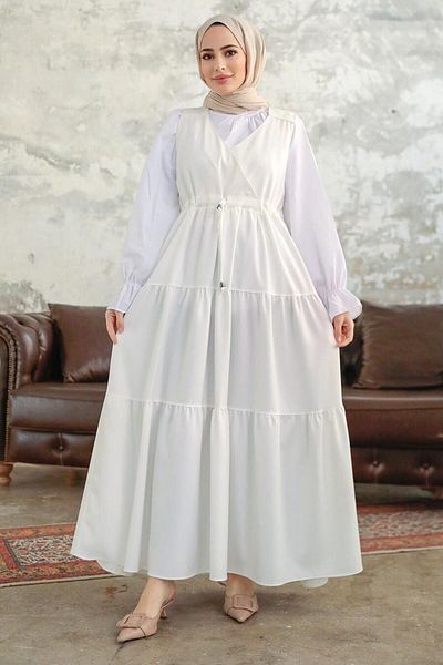 Neva Style Rochie gilet hijab albă plisată 577b