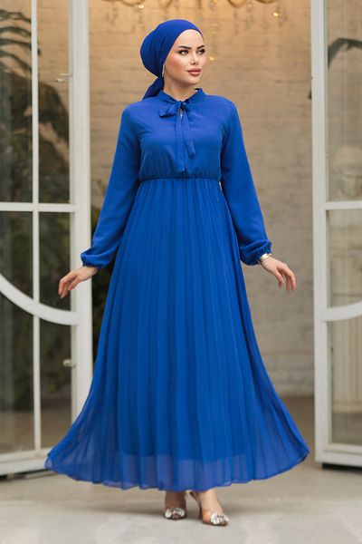 Neva Style Rochie islamică albastră indigo cu guler legat 50351IM