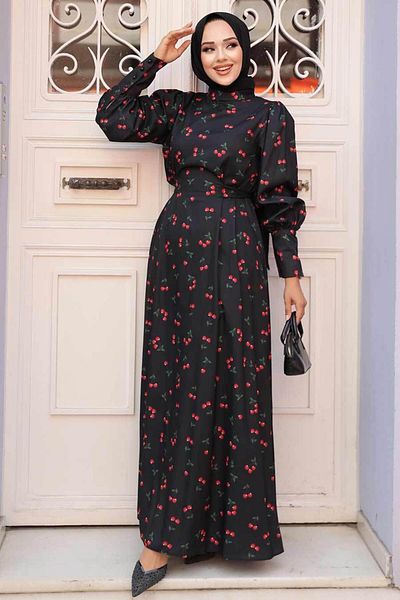 Neva Style فستان حجاب أسود منقوش باللون الكرزي 61094S