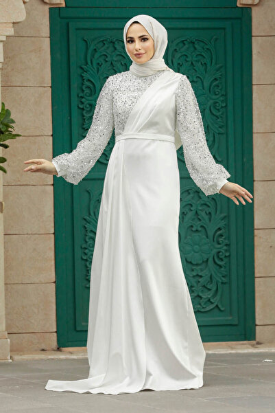 Neva Style Sequined Embroidered Ecru Hijab Evening Dress 2311E