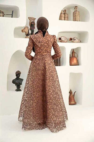 Neva Style Lace Brown Hijab Evening Dress 22421Kh