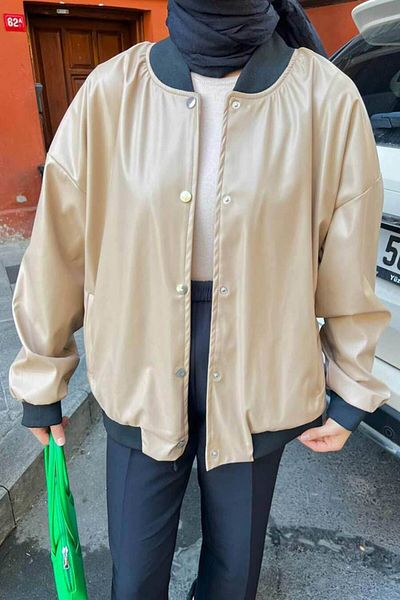 Neva Style سترة جلدية بيج محتشمة بأزرار 9264beige