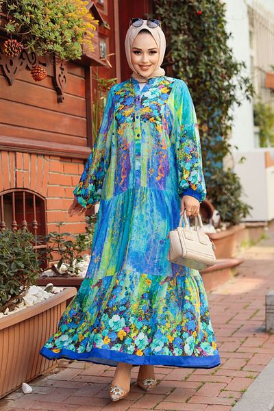 Neva Style Rochie Hijab Albastru Indigo cu Motiv Floral 18235IM