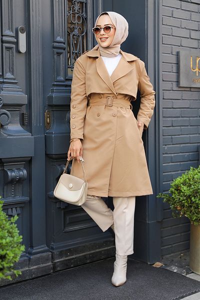 Neva Style Καμπαρντίνα Hijab με ζώνη Camel - 61171C
