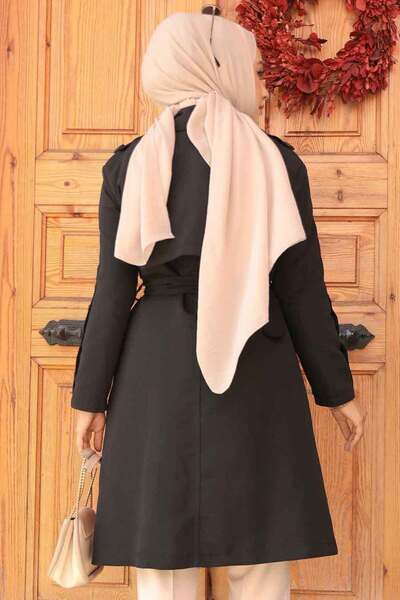 Neva Style Kemerli Siyah Tesettür Trençkot 61171S