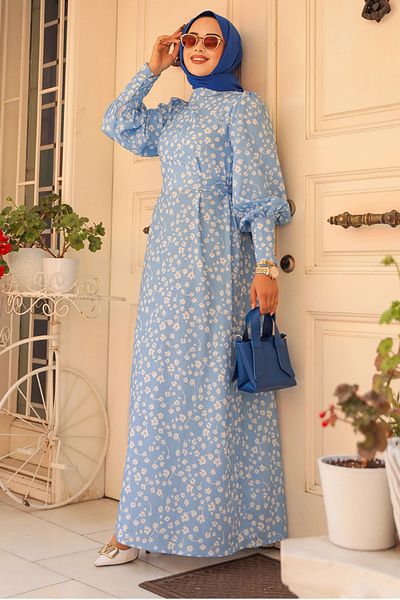 Neva Style Floral Patterned Baby Blue Hijab Dress 61091Bm