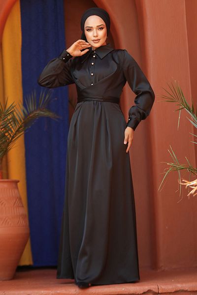 Neva Style Rochie Hijab din Satin Negru - Detaliu Nasturi, Model 45661S