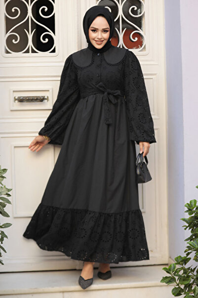 Neva Style Güpürlü Siyah Tesettür Elbise 10034S