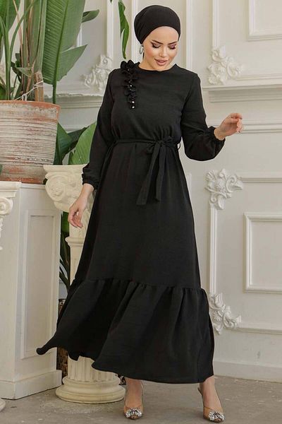 Neva Style - Rochie neagră cu hijab cu centură 659s