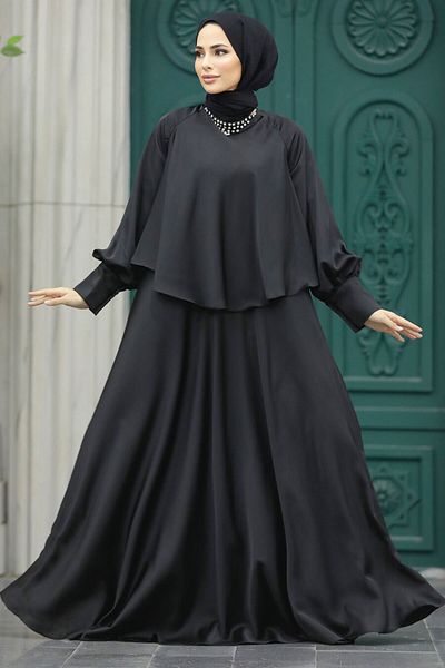 Neva Style Rochie de seara neagra hijab cu pelerina 6051s