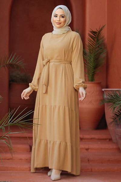 Neva Style Pleated Detailed Biscuit Hijab Dress 57351BS