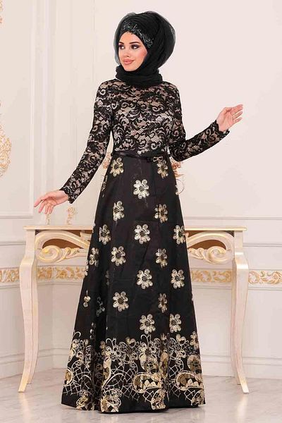Nayla Collectıon Floral Patterned Black Hijab Evening Dress 82457S