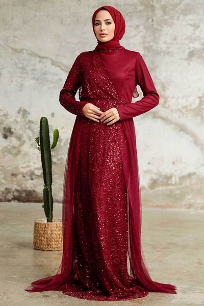 Neva Style Sequin Sequined Burgundy Hijab Evening Dress 5345Br