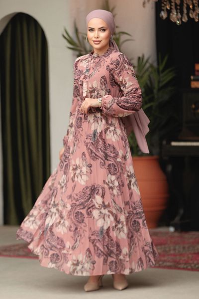 Neva Style Floral Patterned Dried Rose Hijab Dress 50355GK