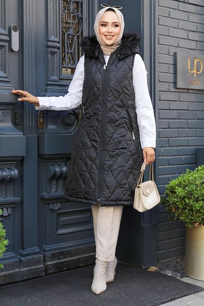Neva Style Black Hijab Puffer Hooded Vest - 80151s