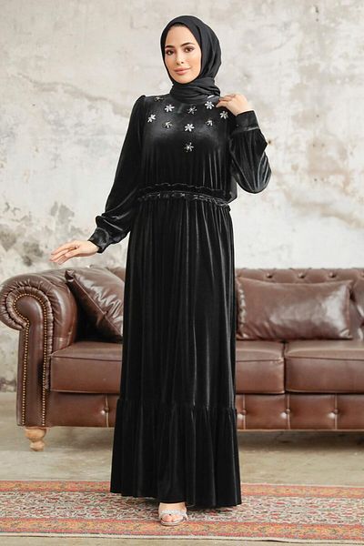 Neva Style Rochie neagră din catifea hijab cu detaliu de flori 3713s