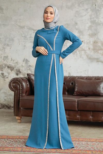 Neva Style Ζαρτιέρες Indigo Blue Hijab Βραδινό Φόρεμα 37261ım
