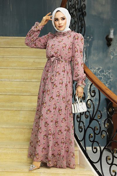 Neva Style Floral Patterned Powder Hijab Dress 29713Pd
