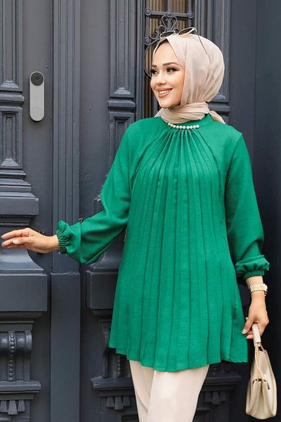 Neva Style تونيك حجاب أخضر مطوي - 41391Y