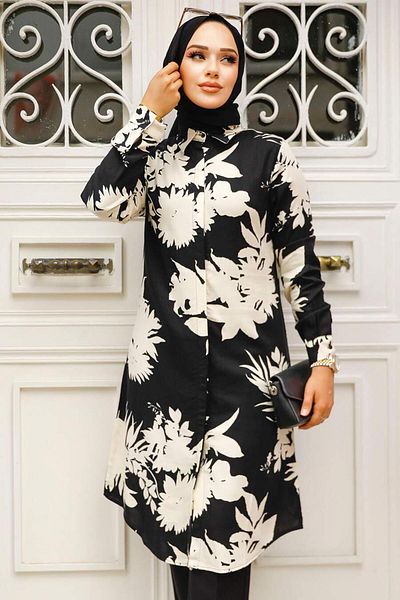 Neva Style Patterned Ecru Hijab Viscose Tunic 11590S