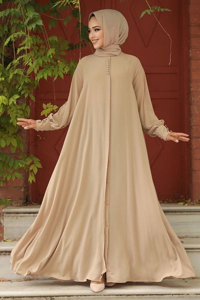 Neva Style Camel Hijab Φόρεμα - Κουμπί, Μοντέλο No: 520066C