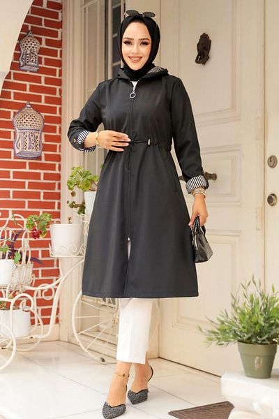 Neva Style Black Hijab Trench Coat - Zippered, Model 69721S