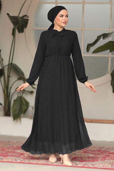 Neva Style Rochie islamică neagră cu guler legat 50351S