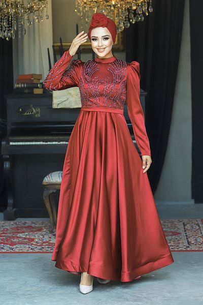 Neva Style Rochie de seara musulmana - Rochie de seara musulmana din satin burgundy brodata cu margele 23191br