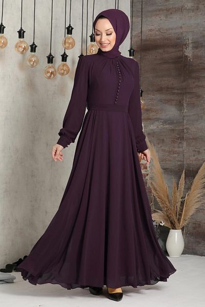 Neva Style - Rochie Hijab Prune cu detaliu nasturi 2703mu