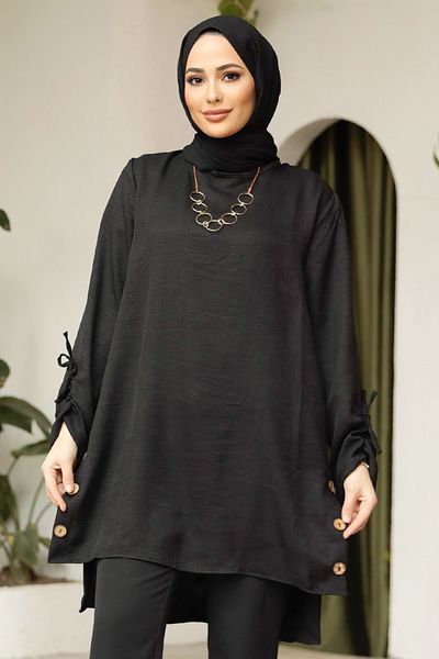 Neva Style Tunica Hijab Neagra Detaliata Nasturi 41281S