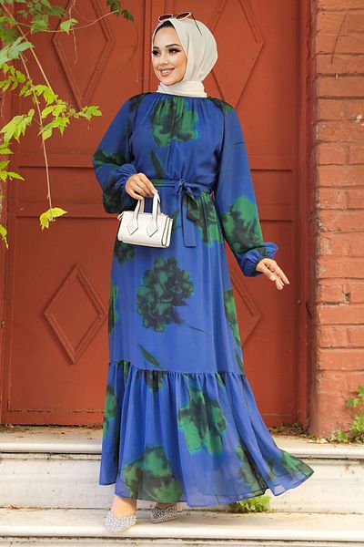 Neva Style Indigo Μπλε Λινάτσα Μοτίβο Χιτζάμπ Φόρεμα - 60942IM