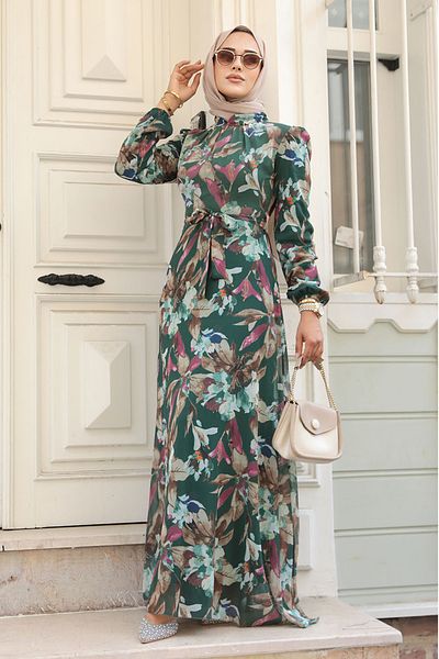Neva Style Φόρεμα Hijab με λουλουδάτο σχέδιο Emerald Green 27941zy