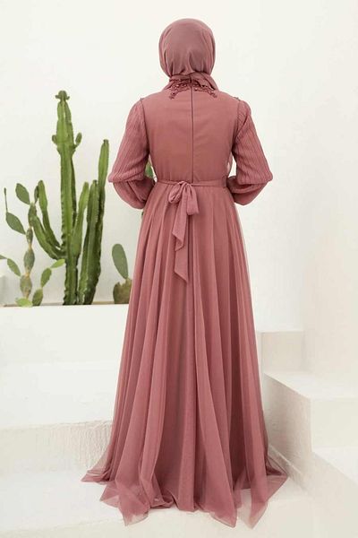 Neva Style Βραδινό φόρεμα Hijab σκούρο λιλά με χάντρες 21780klıla