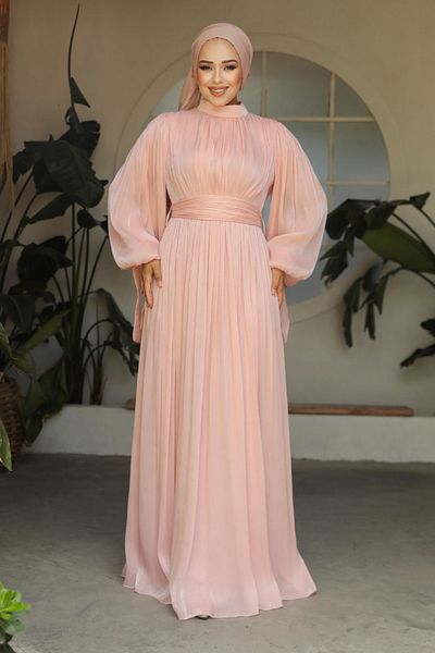 Neva Style Pleated Powder Hijab Evening Dress 25890Pd