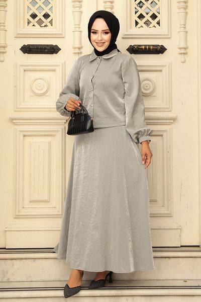 Neva Style بدلة مزدوجة بأزرار مع تنورة حجاب رمادية - 14215GR