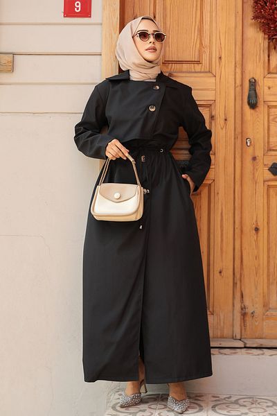 Neva Style Μαύρη καμπαρντίνα Hijab με κουμπιά 684S