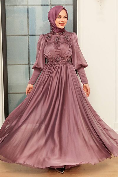 Neva Style Βραδινό φόρεμα με κεντημένο με χάντρες Dark Dusty Rose Hijab 22101kgk