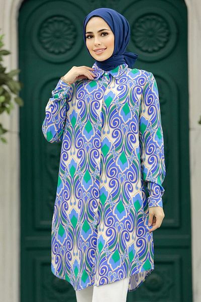 Neva Style منقوشة النيلي الأزرق الحجاب فسكوزي تونك 11621ım
