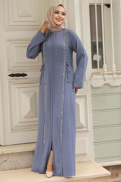 Neva Style Mărgele Detaliat Blue Hijab Ferace 20008m