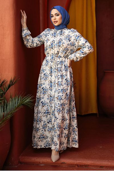 Neva Style Rochie Hijab Albastră cu Motiv Floral 50251M