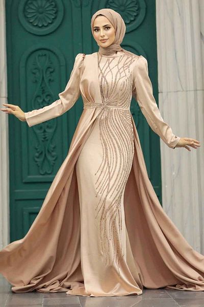 Neva Style Hijab Evening Dress - Gold Hijab Satin Evening Dress with Tail 23221Gold