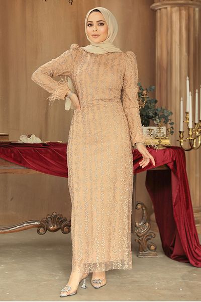Neva Style Bead Embroidered Biscuit Hijab Evening Dress 52052Bs