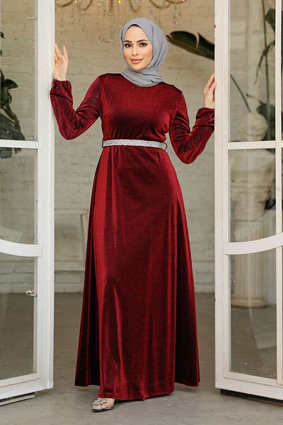 Neva Style Βραδινό φόρεμα Ασημί Βουργουνδίας Hijab 42541br